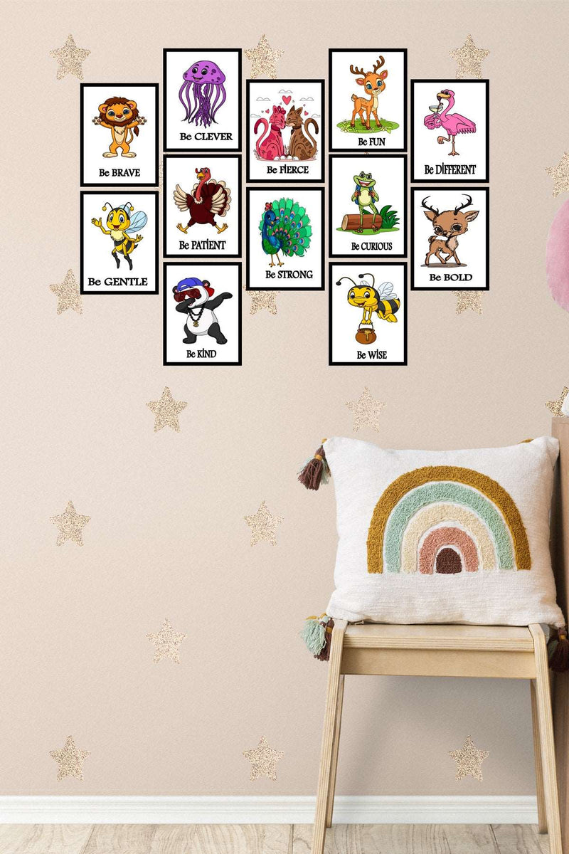 12 Parça Çoçuk Odası Sevimli Hayvanlar Dijital Baskı Siyah Çerçeve Görünümlü Tablo Seti Bonvagon