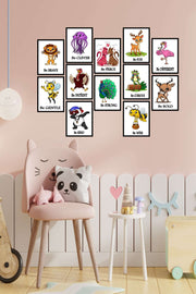 12 Parça Çoçuk Odası Sevimli Hayvanlar Dijital Baskı Siyah Çerçeve Görünümlü Tablo Seti Bonvagon