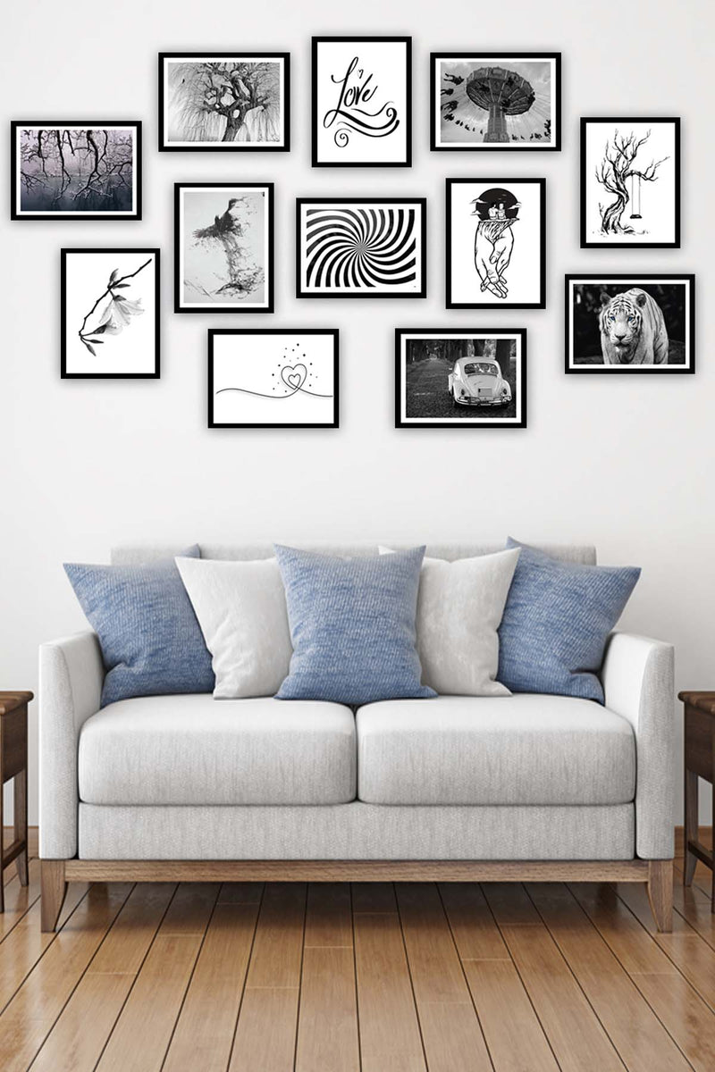 12 Parça Siyah Beyaz Çerçeve Görünümlü Tablo Seti Bonvagon