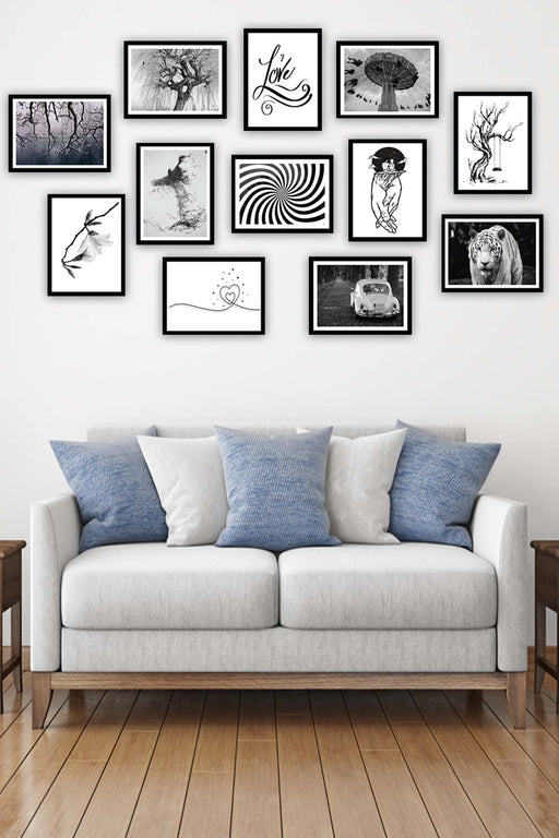 12 Parça Siyah Beyaz Çerçeve Görünümlü Tablo Seti Bonvagon