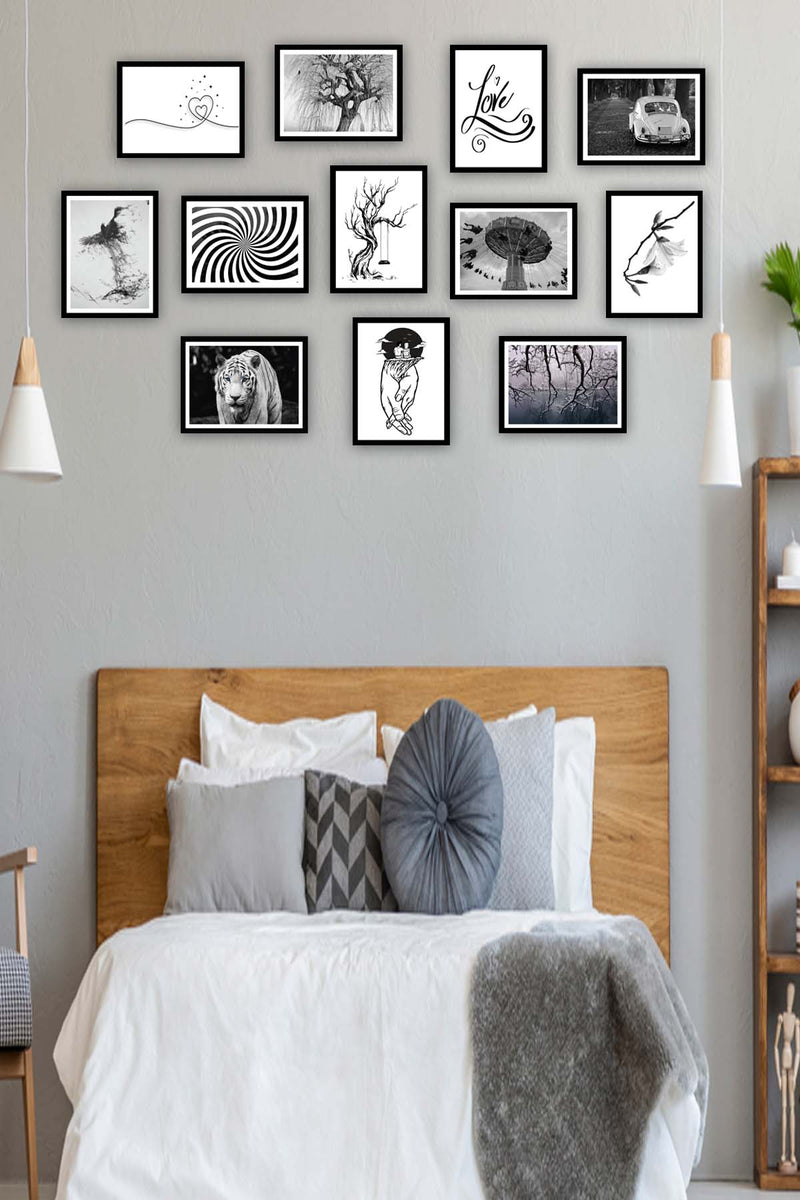 12 Parça Siyah Beyaz Çerçeve Görünümlü Tablo Seti Bonvagon