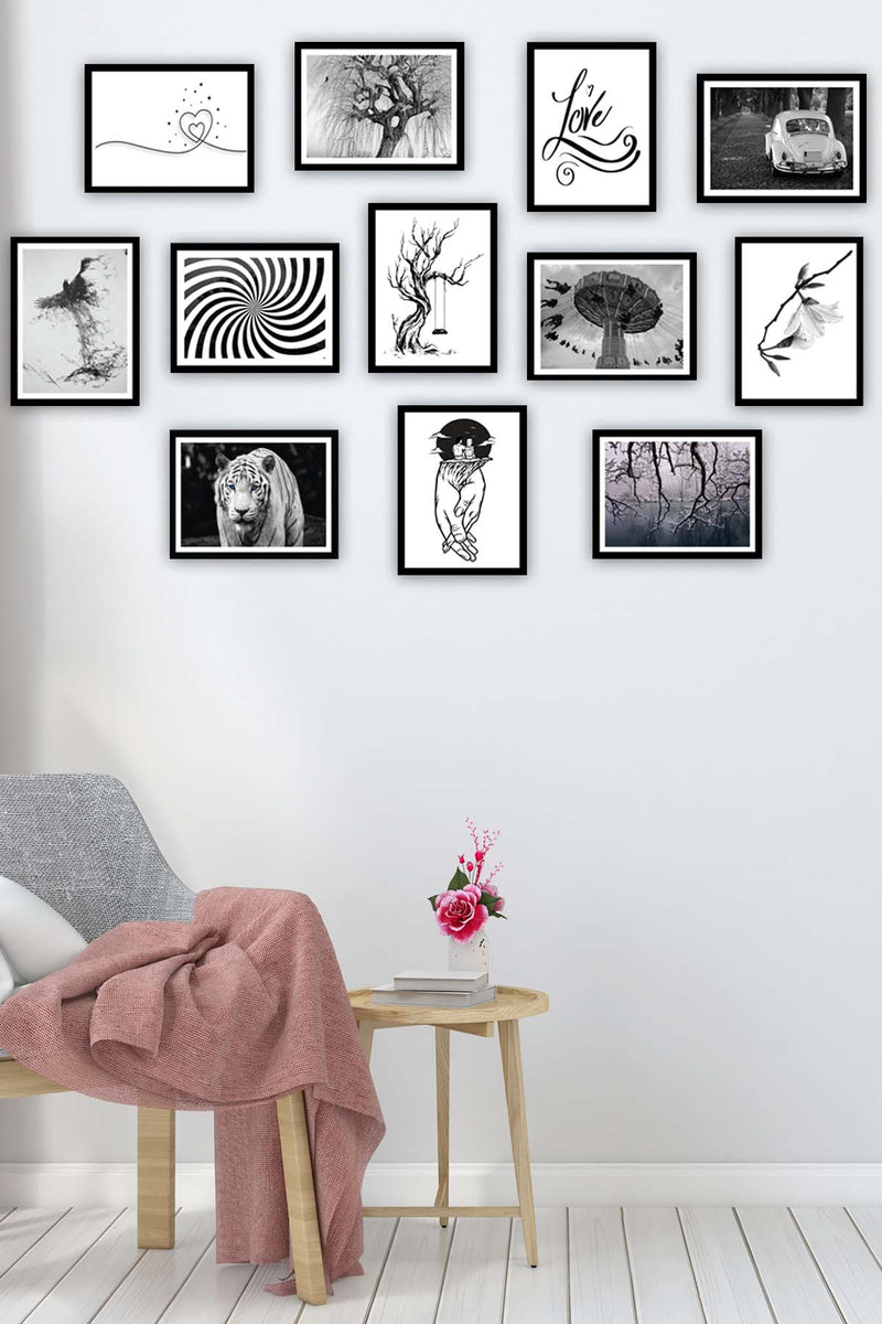 12 Parça Siyah Beyaz Çerçeve Görünümlü Tablo Seti Bonvagon