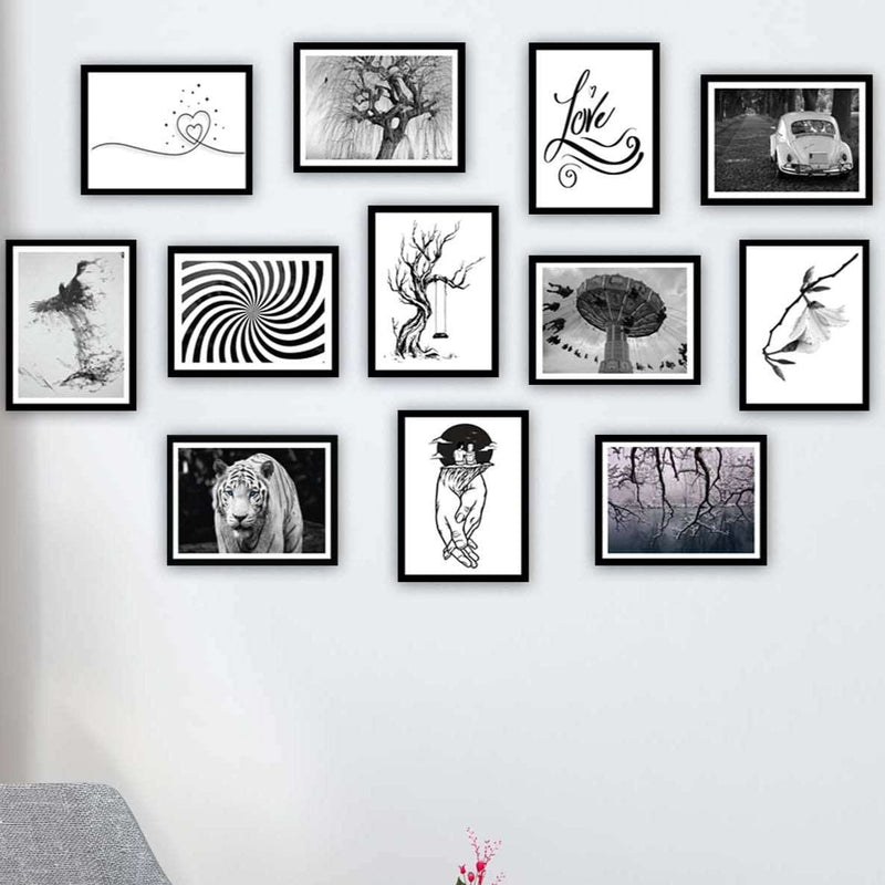12 Parça Siyah Beyaz Çerçeve Görünümlü Tablo Seti Bonvagon