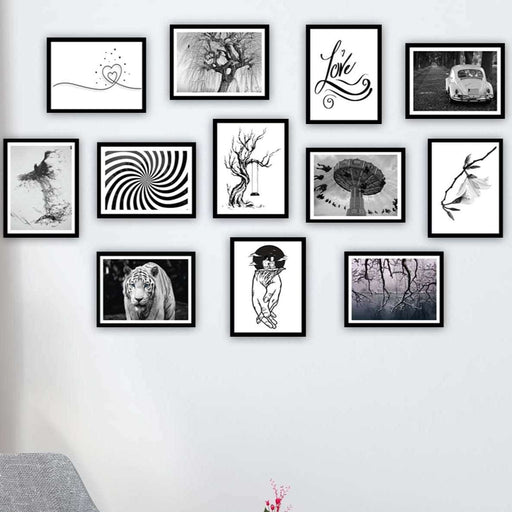 12 Parça Siyah Beyaz Çerçeve Görünümlü Tablo Seti Bonvagon