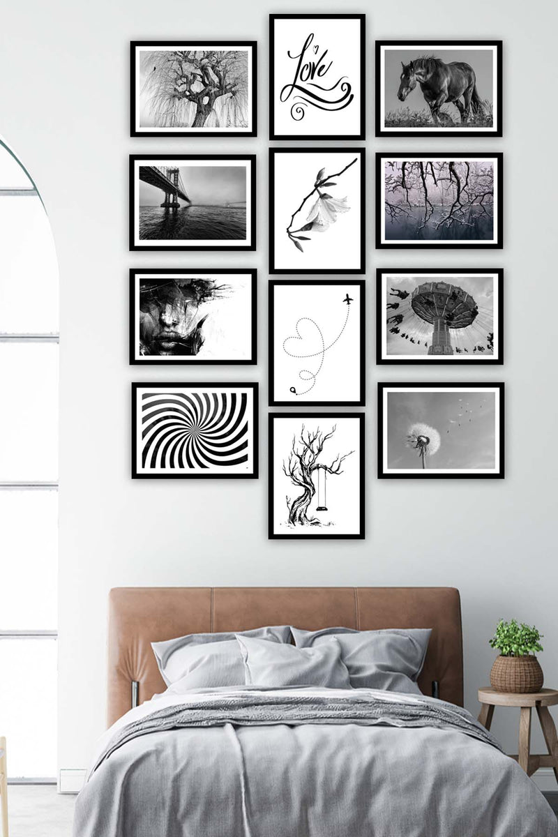 12 Parça Siyah Beyaz Sanatsal Çerçeve Görünümlü Tablo Seti Bonvagon