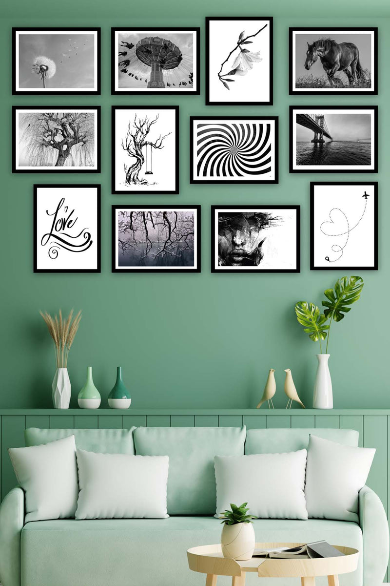 12 Parça Siyah Beyaz Sanatsal Çerçeve Görünümlü Tablo Seti Bonvagon