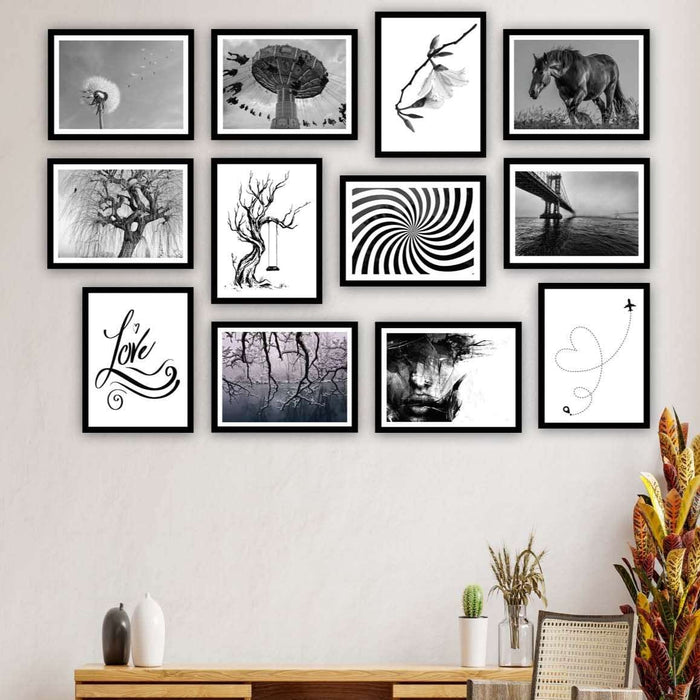 12 Parça Siyah Beyaz Sanatsal Çerçeve Görünümlü Tablo Seti Bonvagon