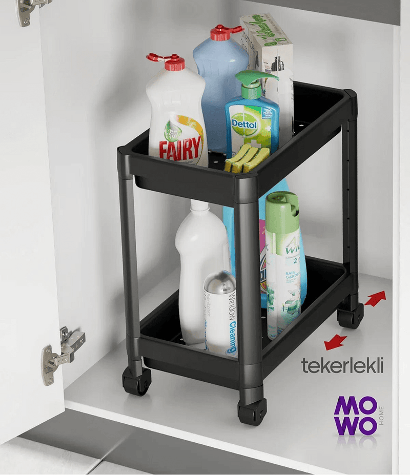 2 Katlı Evye Tekerlekli Düzenleyici Raf Siyah Bonvagon