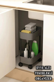 2 Katlı Gri Evye Altı Dolap İçi Tezgah Altı Tekerlekli Düzenleyici Bonvagon