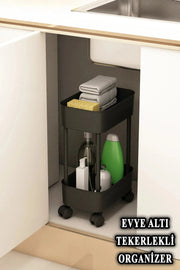 2 Katlı Siyah Evye Altı Dolap İçi Tezgah Altı Tekerlekli Düzenleyici Bonvagon