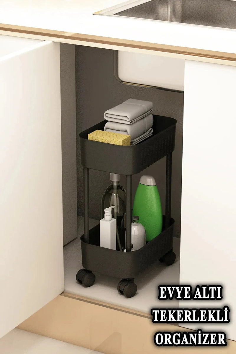 2 Katlı Siyah Evye Altı Dolap İçi Tezgah Altı Tekerlekli Düzenleyici Bonvagon