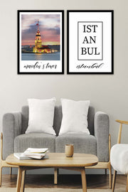 2 Parça Kız Kulesi (Siyah Çerçeve Görünümlü) Uv Baskı Mdf Tablo Seti Bonvagon