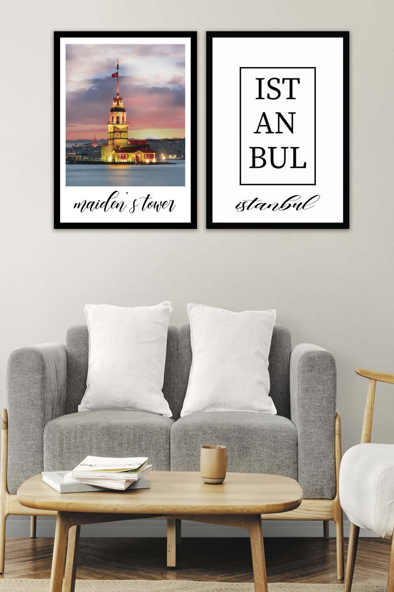 2 Parça Kız Kulesi (Siyah Çerçeve Görünümlü) Uv Baskı Mdf Tablo Seti Bonvagon
