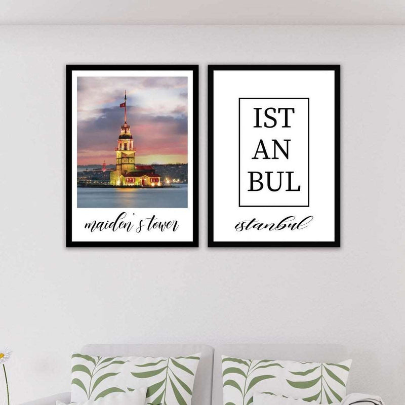 2 Parça Kız Kulesi (Siyah Çerçeve Görünümlü) Uv Baskı Mdf Tablo Seti Bonvagon