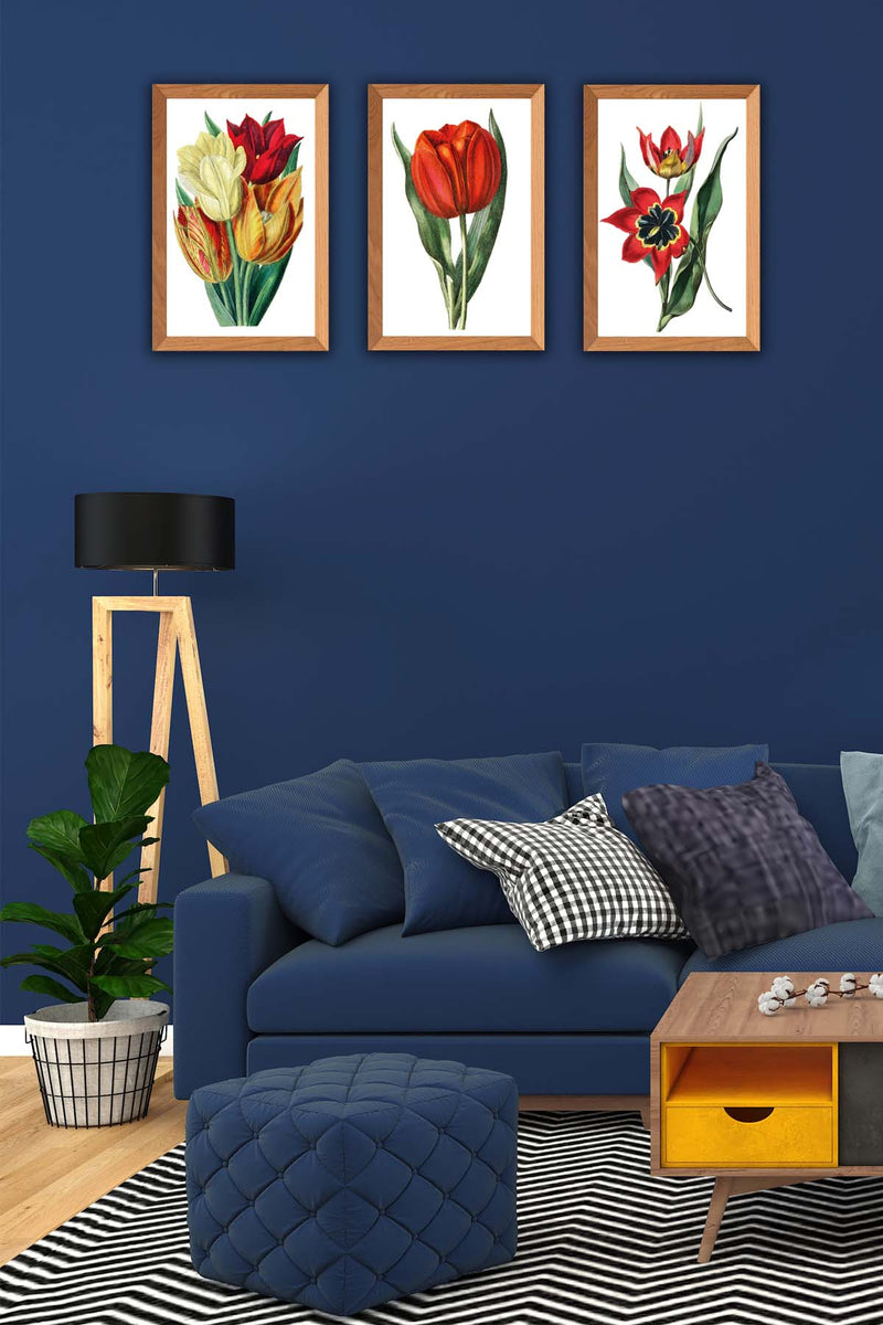 3 Parça Ahşap Çerçeve Görünümlü Çiçek Desenli Ahşap Tablo Seti Bonvagon