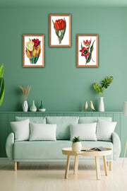 3 Parça Ahşap Çerçeve Görünümlü Çiçek Desenli Ahşap Tablo Seti Bonvagon