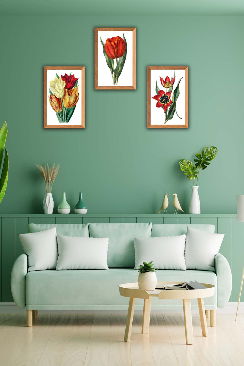 3 Parça Ahşap Çerçeve Görünümlü Çiçek Desenli Ahşap Tablo Seti Bonvagon