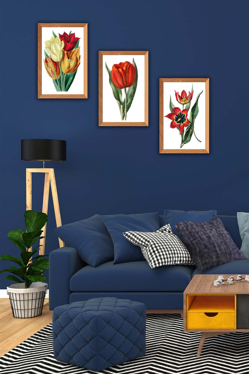 3 Parça Ahşap Çerçeve Görünümlü Çiçek Desenli Ahşap Tablo Seti Bonvagon