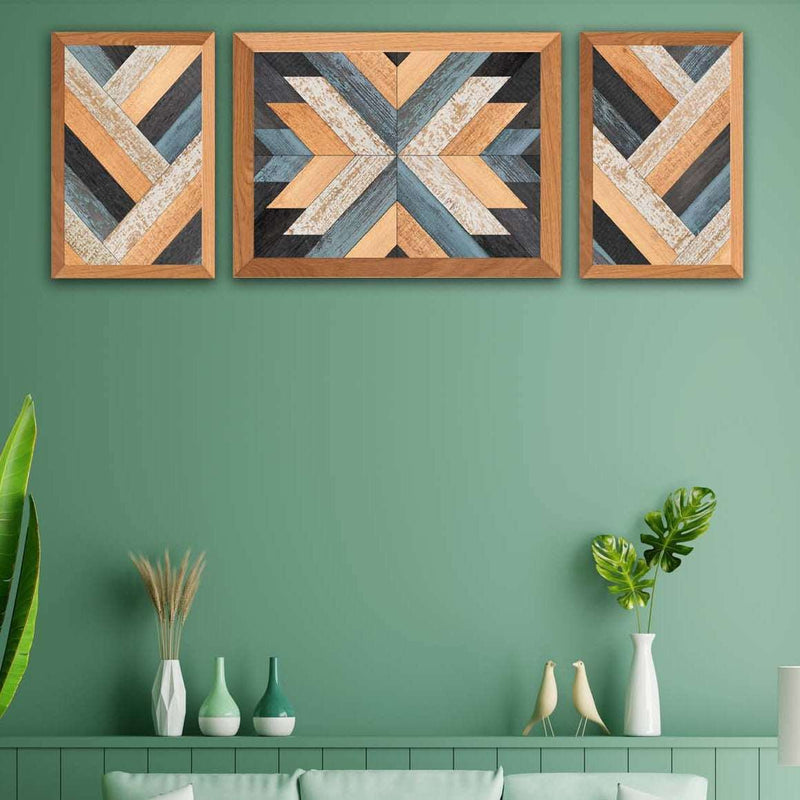 Mavi Kahve Bej Renklerde 3 Parça Ahşap Parke Tasarım Ahşap Tablo Seti Bonvagon