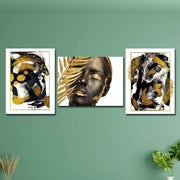 3 Parça Altın Görünümlü Afrikalı Kadın Tablo Seti Bonvagon