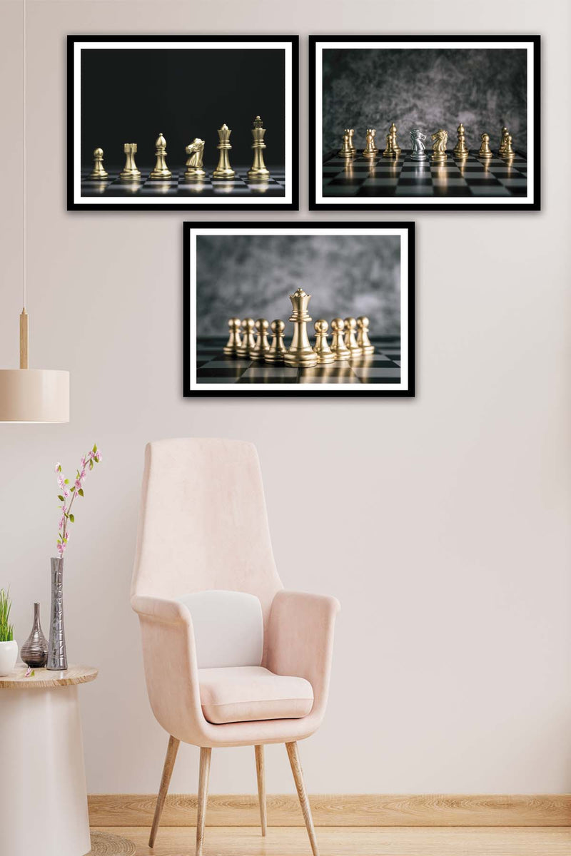 3 Parça Altın Renkli Satranç Siyah Çerçeve Görünümlü Mdf Ahşap Tablo Seti Bonvagon