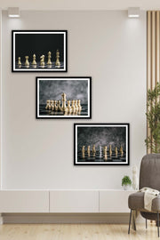 3 Parça Altın Renkli Satranç Siyah Çerçeve Görünümlü Mdf Ahşap Tablo Seti Bonvagon