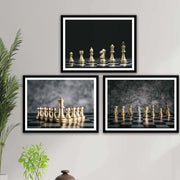 3 Parça Altın Renkli Satranç Siyah Çerçeve Görünümlü Mdf Ahşap Tablo Seti Bonvagon
