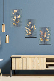 3 Parça Altın Yaprak Renginde Ahşap Tablo Seti Bonvagon