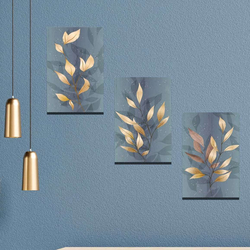 3 Parça Altın Yaprak Renginde Ahşap Tablo Seti Bonvagon