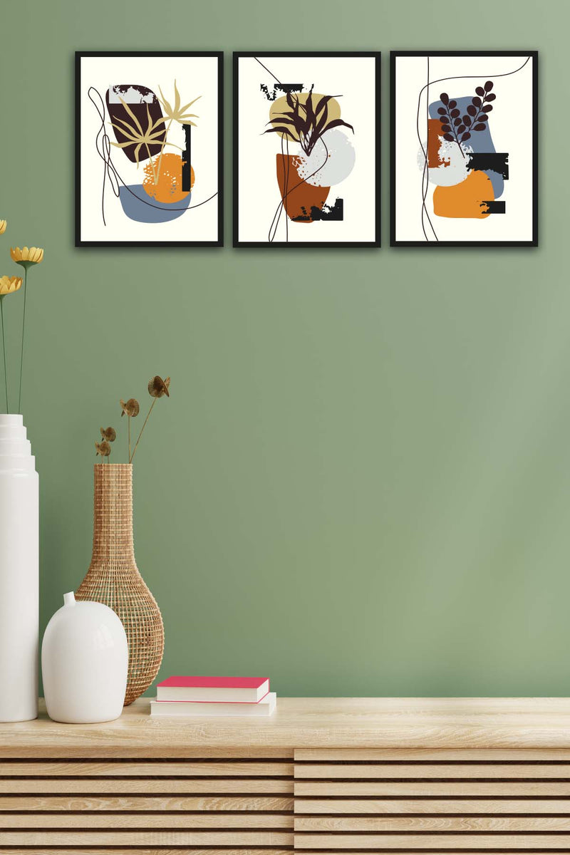 3 Parça Bohem Tarzda Sanatsal Siyah Çerçeve Görünümlü Uv Baskı Mdf Tablo Seti Bonvagon