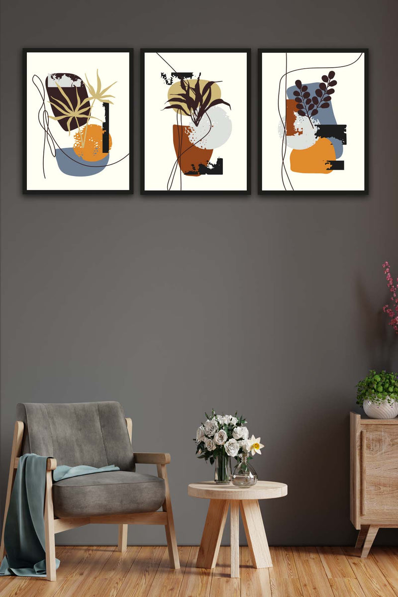 3 Parça Bohem Tarzda Sanatsal Siyah Çerçeve Görünümlü Uv Baskı Mdf Tablo Seti Bonvagon