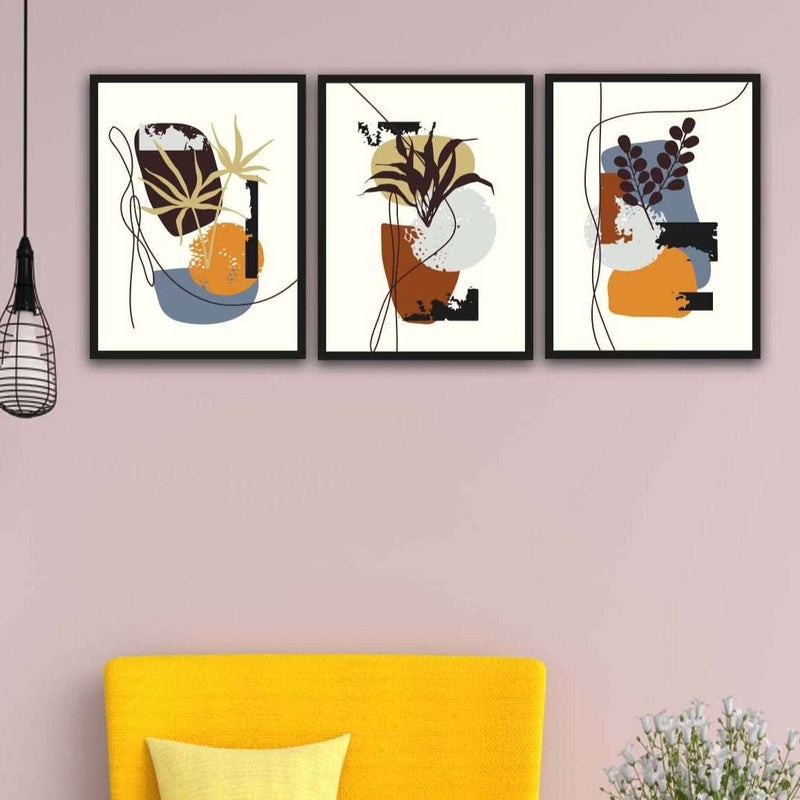 3 Parça Bohem Tarzda Sanatsal Siyah Çerçeve Görünümlü Uv Baskı Mdf Tablo Seti Bonvagon