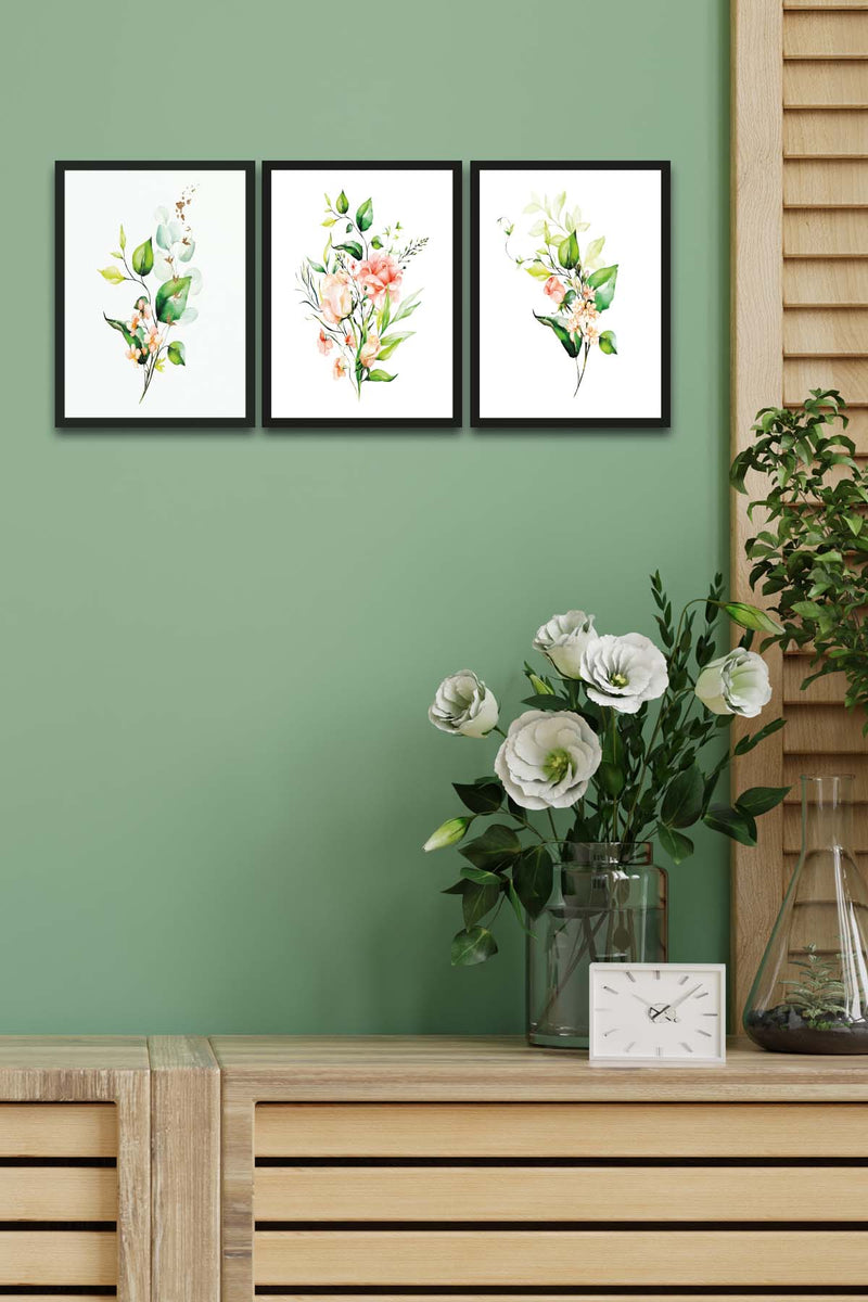 3 Parça Bohem Tarzı Dijital Baskı Yeşil Çiçekler Ahşap Tablo Seti Bonvagon