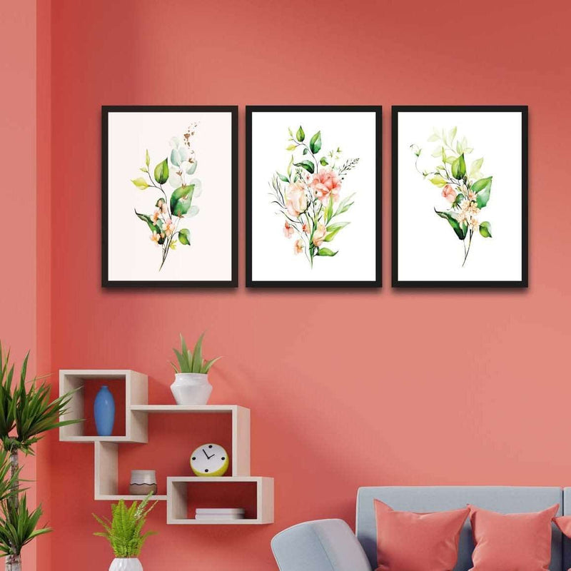 3 Parça Bohem Tarzı Dijital Baskı Yeşil Çiçekler Ahşap Tablo Seti Bonvagon