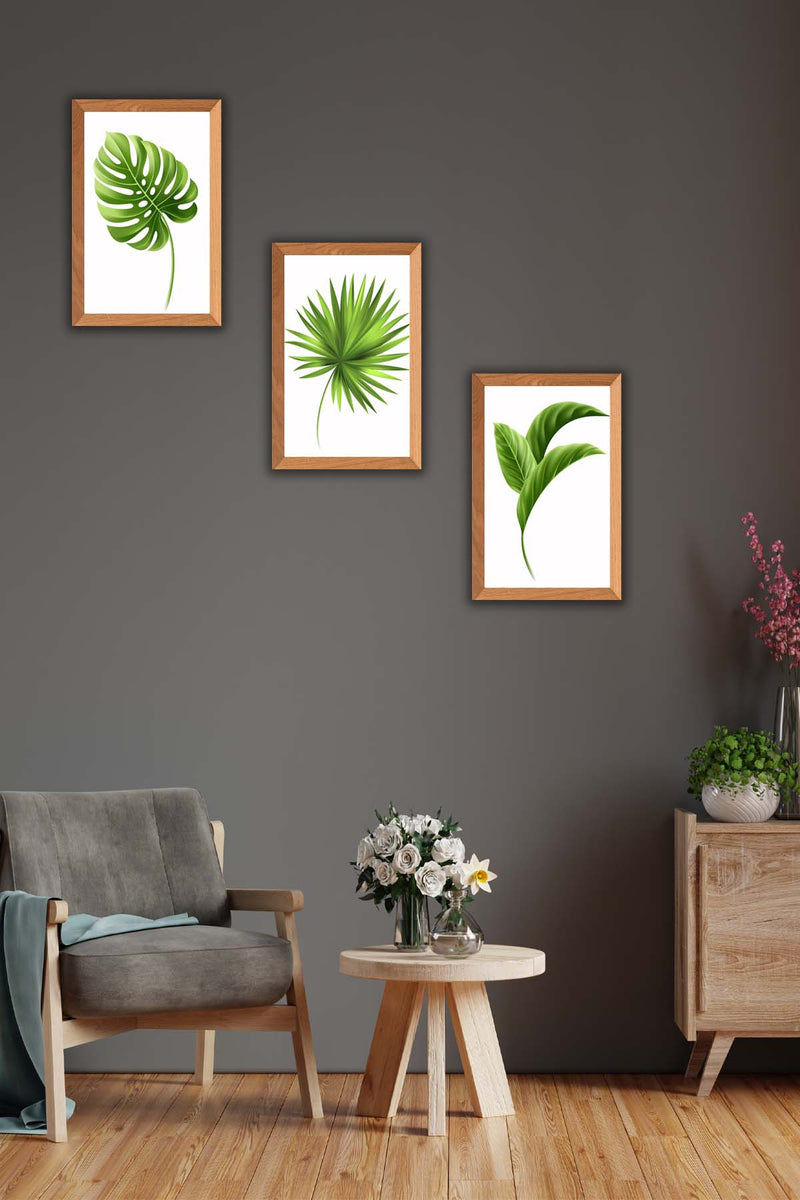 3 Parça Bohem Tarzı Yaprak Ahşap Çerçeve Görünümlü Ahşap Tablo Seti Bonvagon