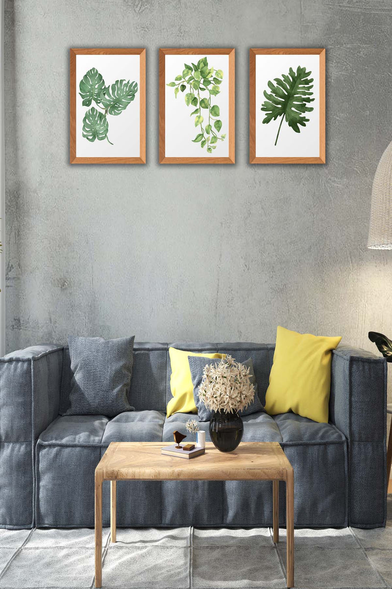 3 Parça Bohem Tarzı Yaprak Ahşap Çerçeve Görünümlü Tablo Seti Bonvagon