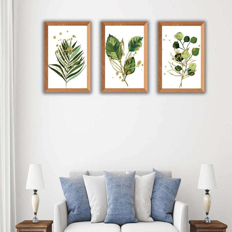 3 Parça Bohem Tarzı Yeşil Yaprak Ahşap Çerçeve Görünümlü Tablo Seti Bonvagon