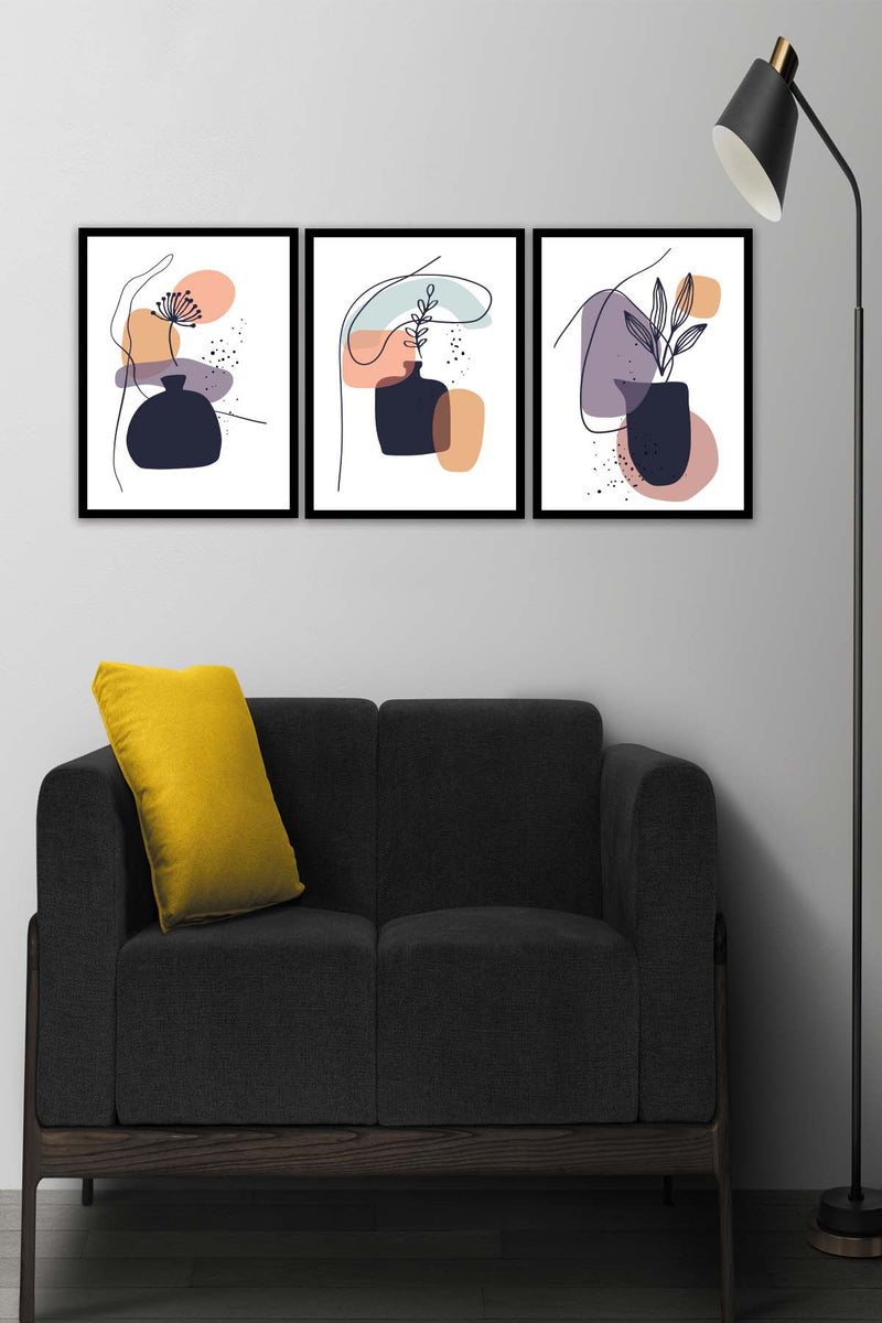 3 Parça Bohem Tarzında Sanatsal Siyah Çerçeve Görünümlü Dijital Baskı Tablo Seti Bonvagon