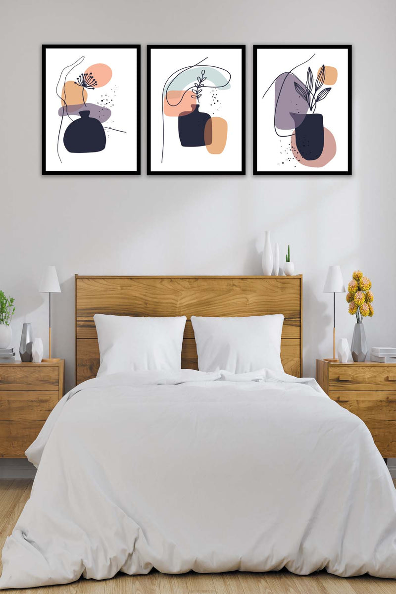 3 Parça Bohem Tarzında Sanatsal Siyah Çerçeve Görünümlü Dijital Baskı Tablo Seti Bonvagon