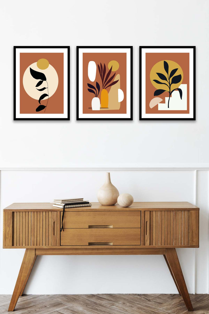 3 Parça Bohem Tarzında Sanatsal (Siyah Çerçeve Görünümlü) Uv Baskı Mdf Tablo Seti Bonvagon