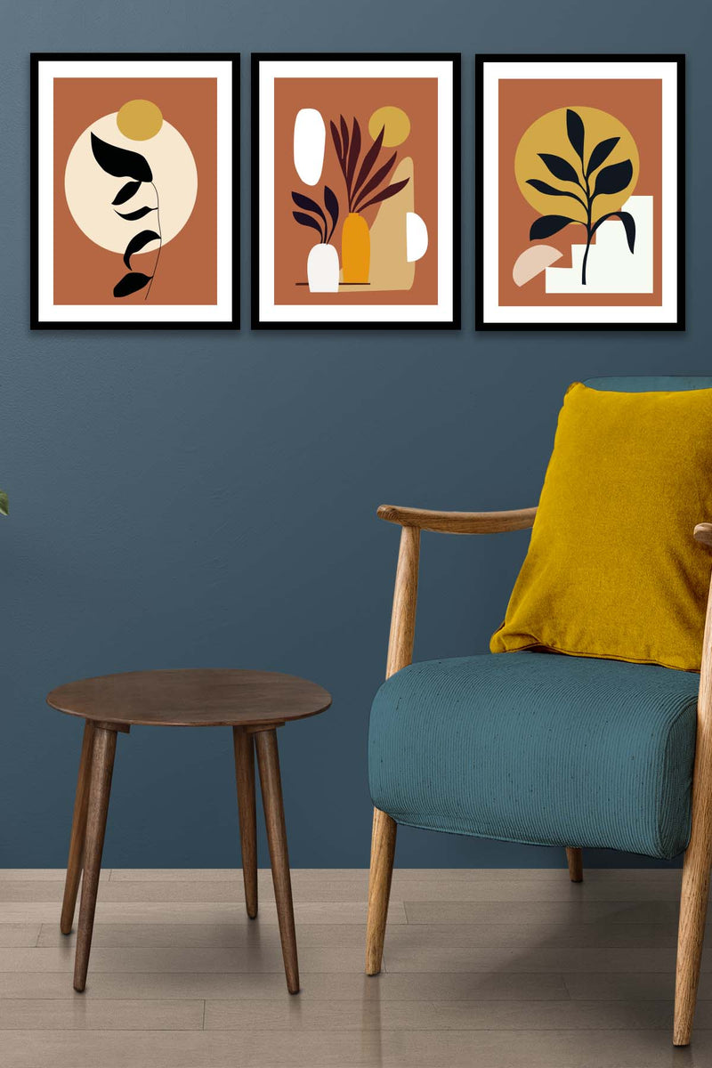 3 Parça Bohem Tarzında Sanatsal (Siyah Çerçeve Görünümlü) Uv Baskı Mdf Tablo Seti Bonvagon