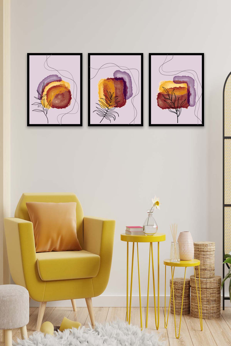 3 Parça Bohem Ve Suluboya Tarzda (Siyah Çerçeve Görünümlü) Uv Baskı Mdf Tablo Seti Bonvagon