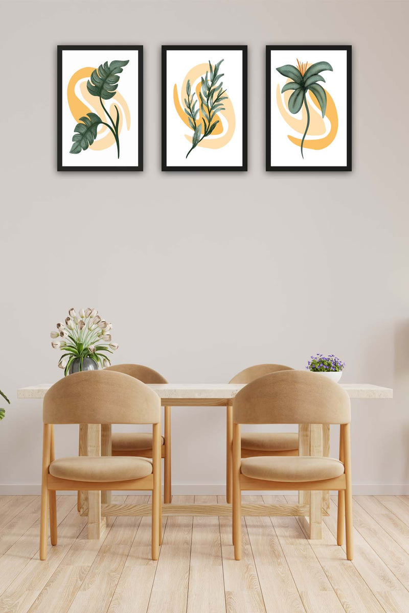 3 Parça Botanik Tarzda (Siyah Çerçeve Görünümlü) Uv Baskı Tablo Seti Bonvagon