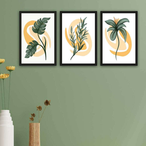 3 Parça Botanik Tarzda (Siyah Çerçeve Görünümlü) Uv Baskı Tablo Seti Bonvagon