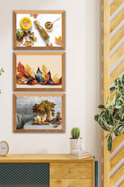 3 Parça Çınar Yapakları Sonbahar Yansıtan Ahşap Çerçeve Görünümlü Mdf Tablo Seti Bonvagon