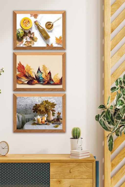 3 Parça Çınar Yapakları Sonbahar Yansıtan Ahşap Çerçeve Görünümlü Mdf Tablo Seti Bonvagon