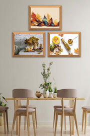 3 Parça Çınar Yapakları Sonbahar Yansıtan Ahşap Çerçeve Görünümlü Mdf Tablo Seti Bonvagon