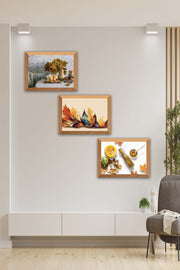 3 Parça Çınar Yapakları Sonbahar Yansıtan Ahşap Çerçeve Görünümlü Mdf Tablo Seti Bonvagon