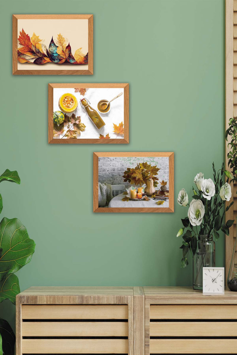 3 Parça Çınar Yapakları Sonbahar Yansıtan Ahşap Çerçeve Görünümlü Mdf Tablo Seti Bonvagon