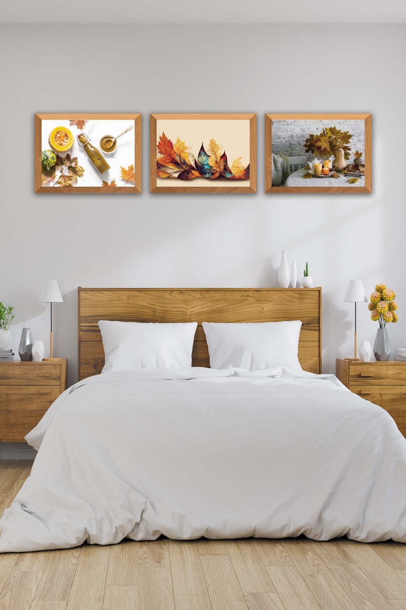 3 Parça Çınar Yapakları Sonbahar Yansıtan Ahşap Çerçeve Görünümlü Mdf Tablo Seti Bonvagon
